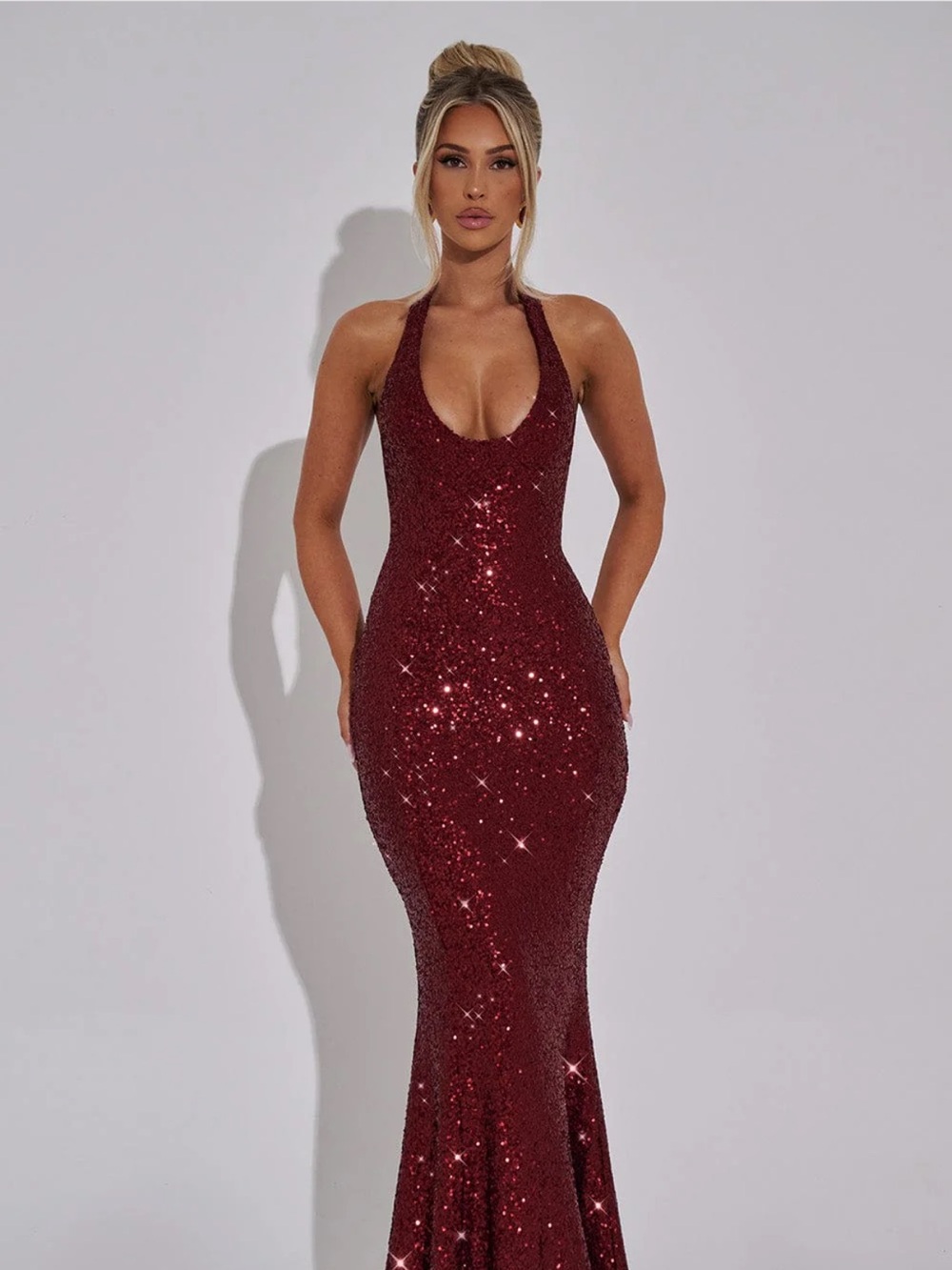Sequin Halter Mermaid Prom Dress - Burgundy